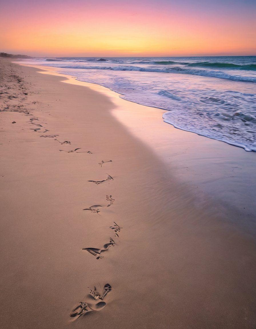 A serene ocean scene at dawn, where gentle waves symbolize emotions, featuring a solitary figure standing on the shore, gazing at the horizon with a mix of sadness and hope. The sky transitions from dark blues to soft pinks, depicting the journey from despair to resilience. Incorporate subtle elements like distant seagulls and footprints in the sand, emphasizing the passage of time and personal growth. impressionistic style. soft colors. calming atmosphere.