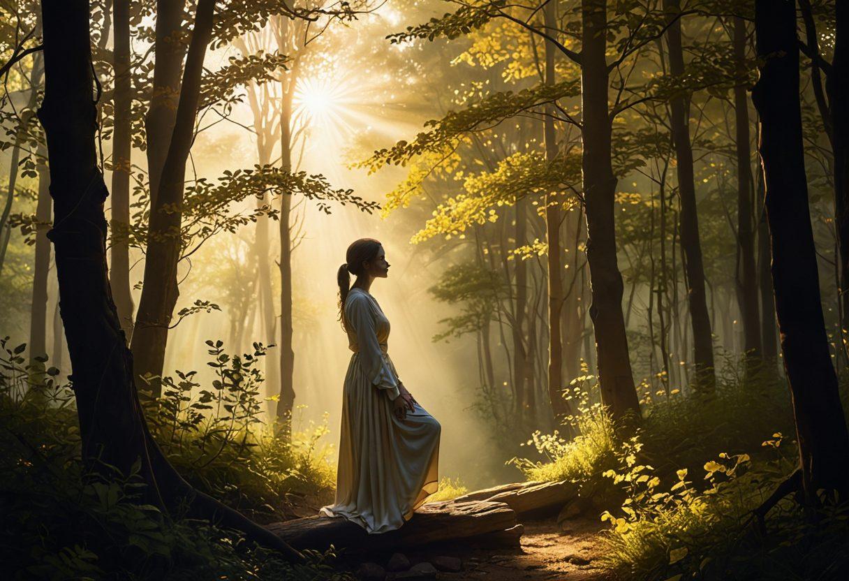 A serene figure standing at the edge of a shadowy forest, with rays of soft golden light breaking through the trees, symbolizing hope and healing. The figure is portrayed in contemplative pose, surrounded by delicate blossoms, representing renewal after heartbreak. The background features a gentle gradient from dark to light, signifying the journey from melancholy to enlightenment. super-realistic. warm colors. ethereal atmosphere.