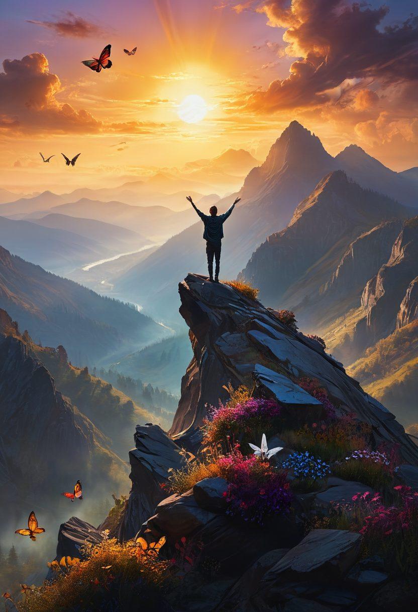 A person standing on a mountain peak, arms raised in triumph as the sun rises, casting warm light over a dark valley below. Surrounding the figure are ethereal butterflies symbolizing transformation and hope. The scene should evoke a sense of liberation and joy, capturing the contrast between darkness and light. soft focus, vibrant colors, artistic painting.